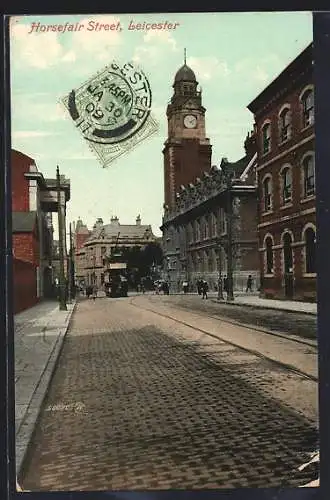 AK Leicester, Horsefair Street, Strassenbahn