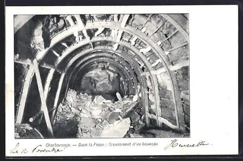 AK Charbonnage, Dans la Fosse, Creusement d`un bouveau, Kohle-Bergwerk