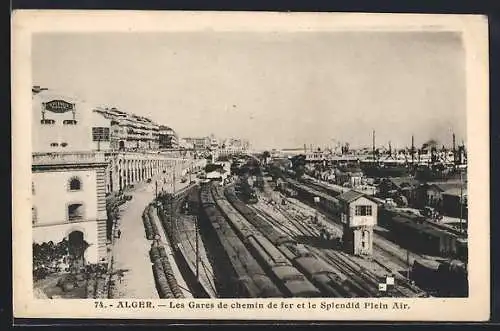 AK Alger, Les Gares de chemin de fer et le Splendid Plein Air, Bahnhof