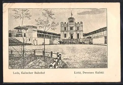 AK Lodz, Kalischer Bahnhof mit Vorplatz