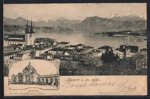 AK Luzern, Bahnhof, Ortsansicht und die Alpen