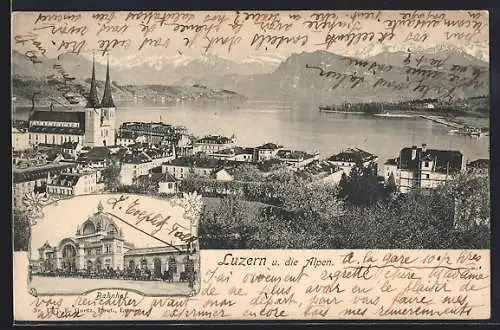 AK Luzern, Bahnhof, Ortsansicht und die Alpen