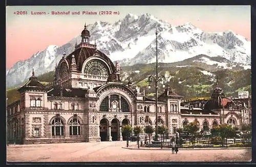 AK Luzern, Bahnhof und Pilatus