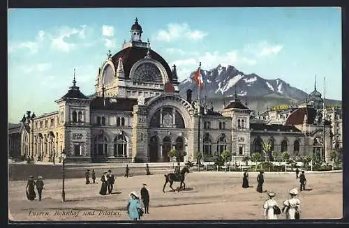 AK Luzern, Bahnhof und Pilatus