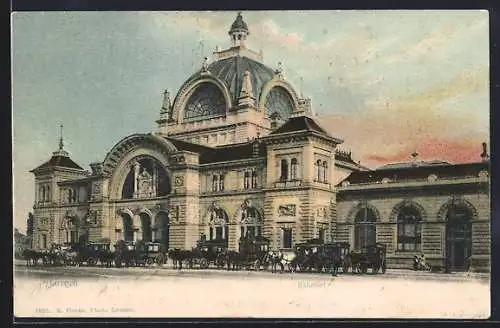 AK Luzern, Pferdekutschen am Bahnhof