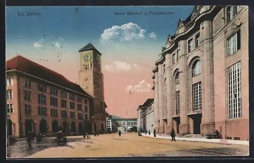 AK St. Gallen, Neuer Bahnhof und Postgebäude