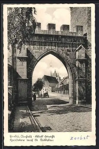 AK Zerbst /Anhalt, Blick durchs Heidetor auf St. Nikolai