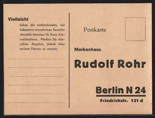 AK Berlin, Markenhaus Rudolf Rohr, Friedrichstr. 131d, Korrespondenzkarte