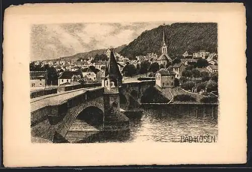 Künstler-AK Bad Kösen, Ortsansicht mit Flusspartie und Brücke
