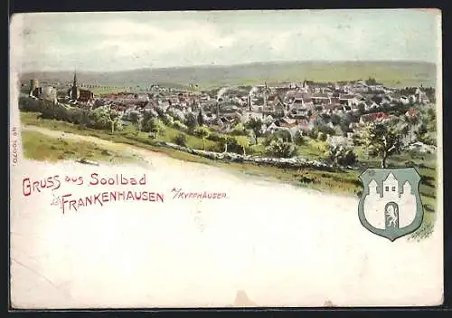 Lithographie Frankenhausen a. Kyffhäuser, Ortsansicht und Wappen