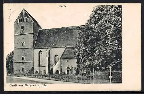 AK Belgern a. Elbe, Strasse an der Kirche