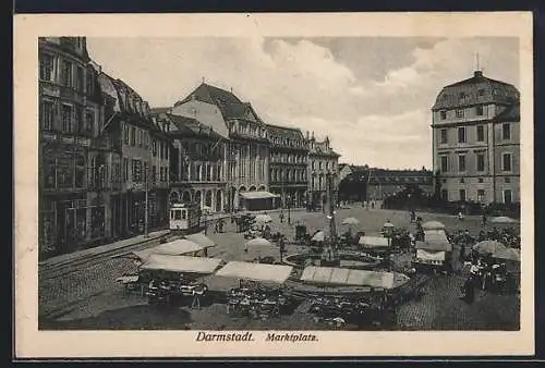 AK Darmstadt, Marktplatz mit Strassenbahn