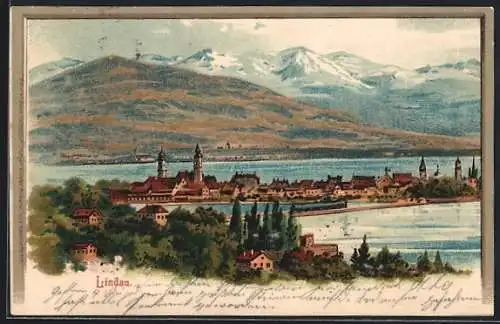 Lithographie Lindau / Bodensee, Ortsansicht mit Bergpanorama