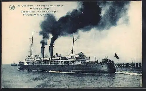 AK Ostende, Passagierschiff Ville de Liege läuft aus dem Hafen aus