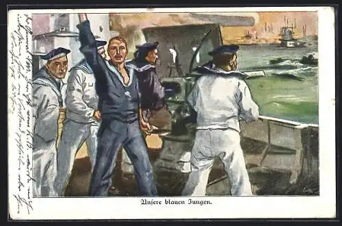 Künstler-AK Ernst Heilemann: Matrosen am Bordgeschütz eines Kriegsschiffs