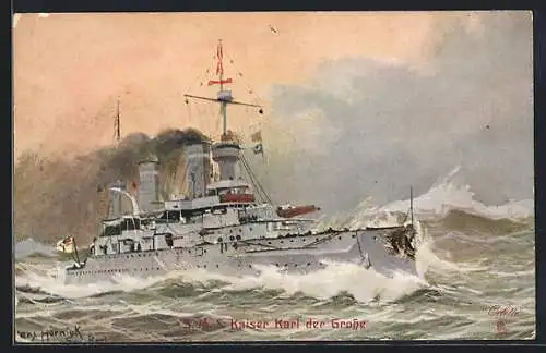 Künstler-AK Kriegsschiff S. M. S. Kaiser Karl der Grosse in stürmischer See