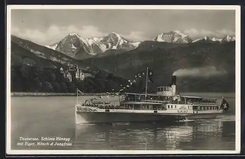 AK Dampfer Blümlisalp am Thunersee mit Schloss Hünegg, Eiger, Mönch und Jungfrau