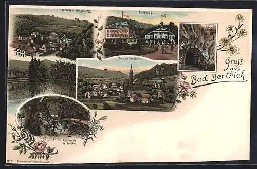 Lithographie Bad Bertrich, Kurhaus, Ortsansicht, Käsekrotte u. Brücke