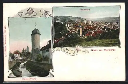 AK Marktbreit am Main, Wassergraben mit weissen Turm, Totaleansicht vom Ort