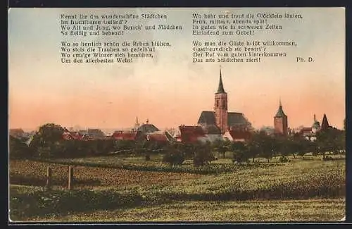 AK Iphofen, Gesamtansicht vom Feld aus, lokalpatriotisches Gedicht