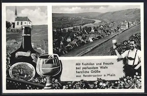 AK Randersacker am Main, Gesamtansicht aus der Vogelschau mit Weinflasche und Spruch