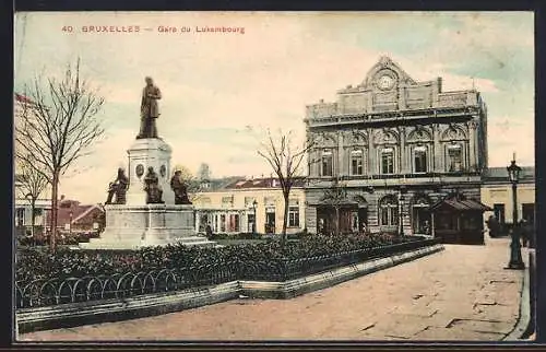 AK Brüssel / Bruxelles, Gare du Luxembourg, Denkmal vor dem Bahnhof