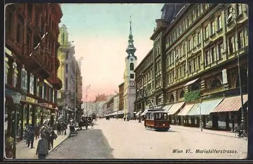 AK Wien, Strassenbahn in der Mariahilferstrasse, Pferdekutsche
