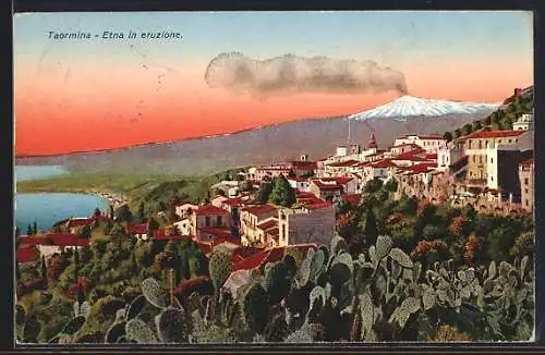 AK Taormina, Panorama mit Stadt und Ätna