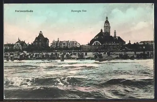 AK Swinemünde, Bewegte See mit Seebrücke