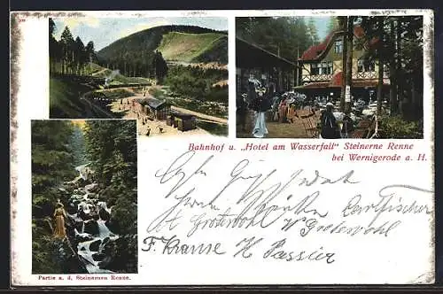 AK Hasserode, Bahnhof und Hotel Am Wasserfall Steinerne Renne