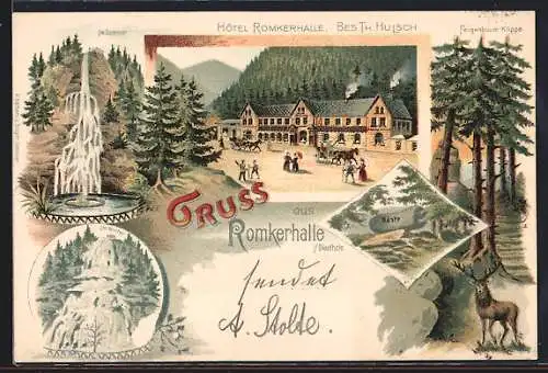 Lithographie Oker, Hotel Romkerhalle von Th. Hulsch, Wasserfall im Sommer & Winter, Käste, Feigenbaum-Klippe