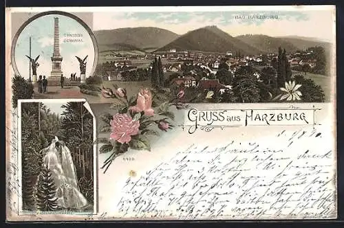 Lithographie Bad Harzburg, Teilansicht, Bismarckstein, Radauwasserfall