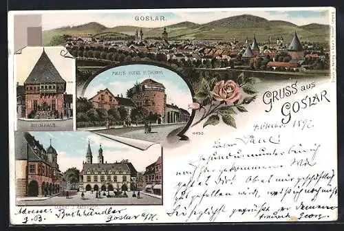Lithographie Goslar, Pauls Hotel und Turm, Gildehaus, Markt, Ortsansicht
