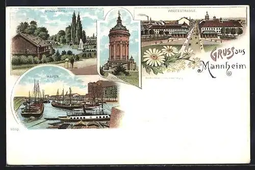 Lithographie Mannheim, Hafen, Stadtpark und Wasserturm