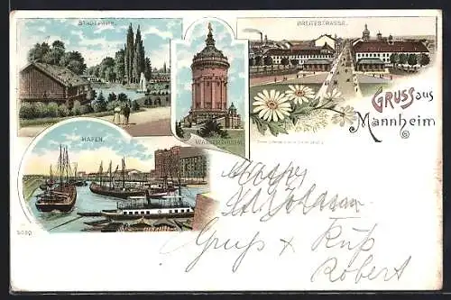 Lithographie Mannheim, Breitestrasse, Hafen, Wasserthurm