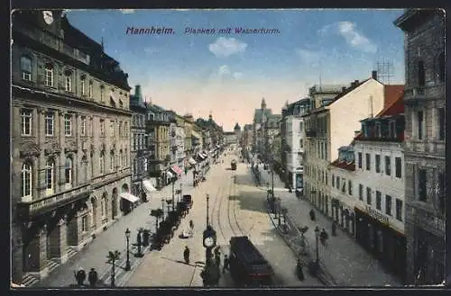 AK Mannheim, Planken mit Wasserturm und Strassenbahn