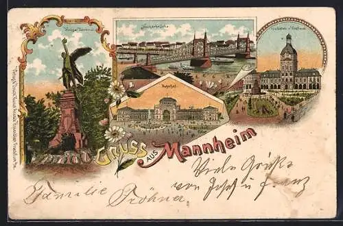 Lithographie Mannheim, Krieger- Denkmal, Bahnhof, Neckarbrücke