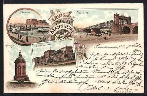 Lithographie Mannheim, Hafenpartie, Rheinbrücke, Wasserturm, Schloss (Gartenseite)