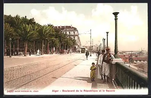AK Alger, boulevard de la République et le square, Strassenbahn