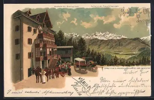 Lithographie Mendelpass, Spreters Mendelpasshotel und Penion mit Blick in das Gebirge