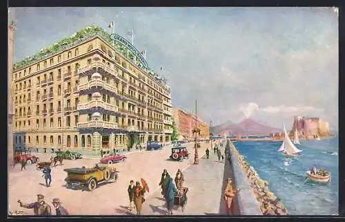 Künstler-AK Napoli, Strassenpartie mit Partie am Meer, Segelboote und Grand Hotel Royal