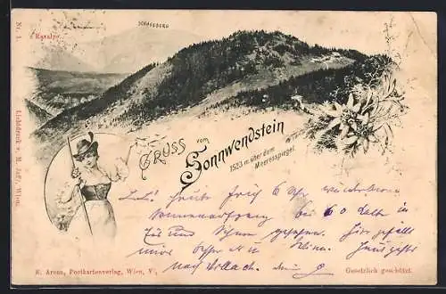 AK Schottwien, Sonnwendstein, Frau in Tracht mit Tuch, Raxalpe und Schneeberg
