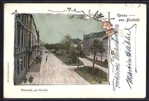 AK Krefeld, Blick auf den Westwall mit Passanten, Rahmen mit Blüten und Vogel