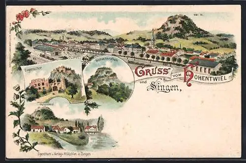 Lithographie Singen, Hohentwiel, Eugenstor, Hohenkrähen, Siedlung