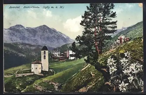 AK Avers-Cresta, Ortsansicht mit Kirche