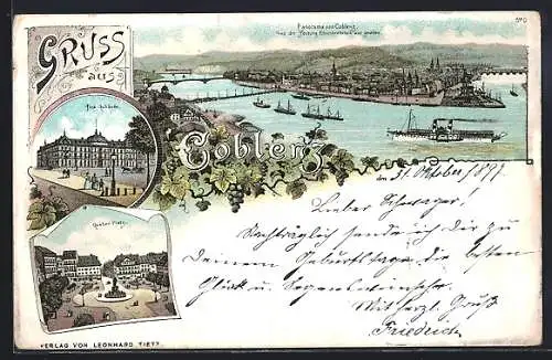 Lithographie Koblenz, Postgebäude, Panorama von der Festung Ehrenbreitstein, Goebenplatz