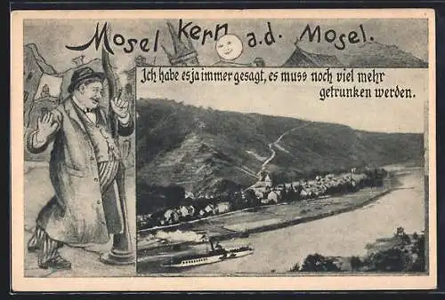 Wirtshaus-AK Moselkern, Ortsausblick und betrunkener Mann am Laternenmast