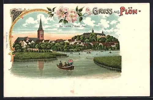 Lithographie Plön, Panorama mit dem kleinen Plöner See