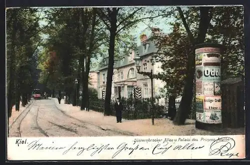 AK Kiel, Düsternbrooker Allee u. Palais des Prinzen Adalbert, Litfasssäule