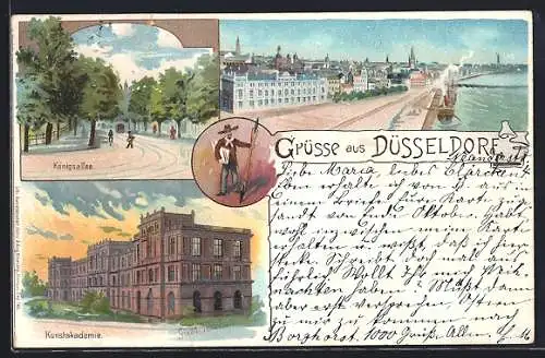 Lithographie Düsseldorf, Blick auf die Kaipromenade, die Königsallee, an der Kunstakademie